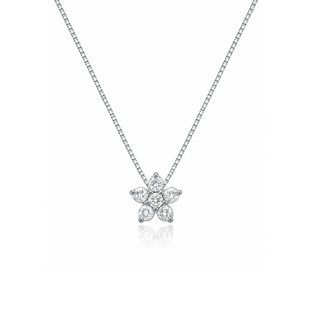 Collar Flor de Brillantes Engaste 5 Grifas en Oro Blanco.