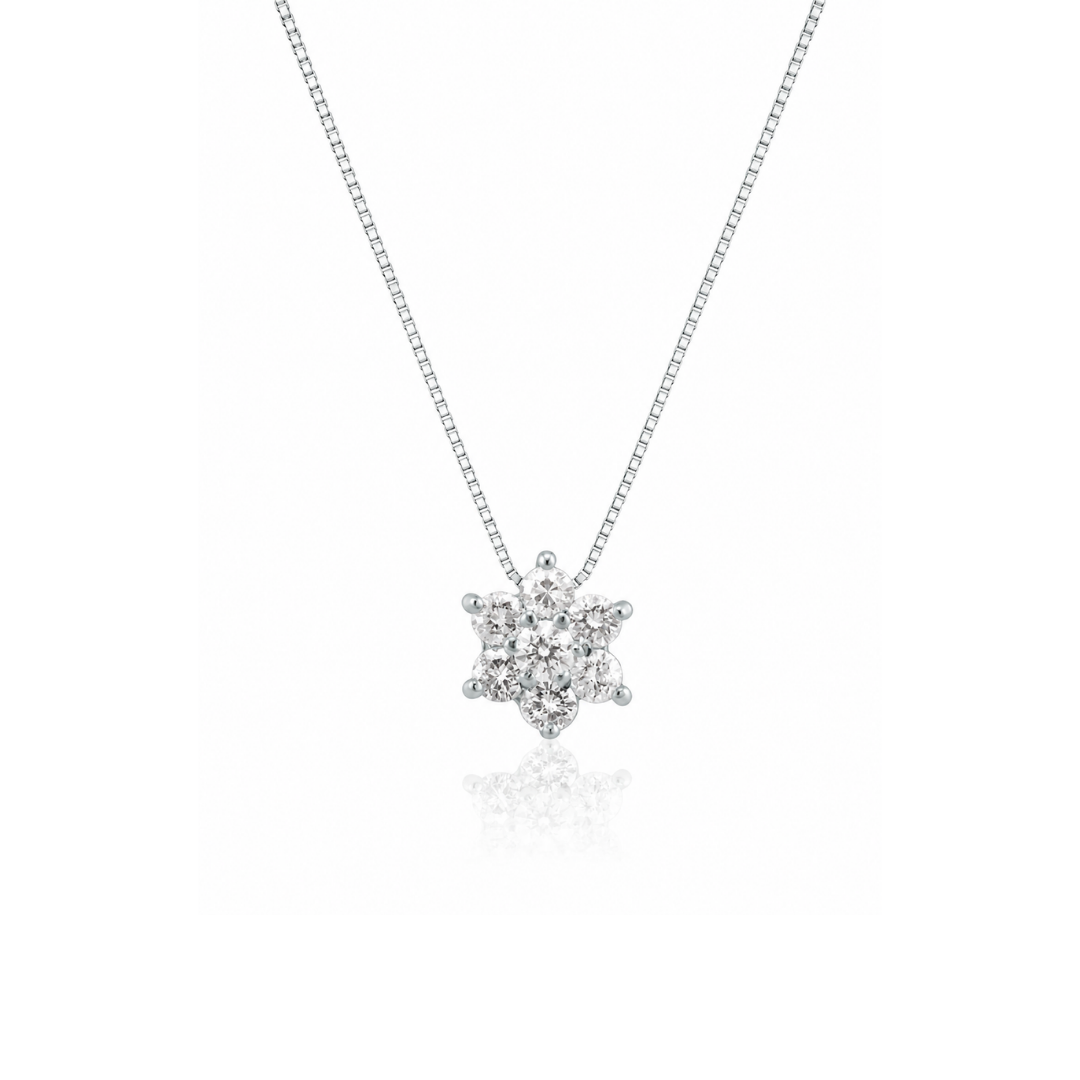 Collar Flor de Brillantes Engaste 6 Grifas en Oro Blanco.