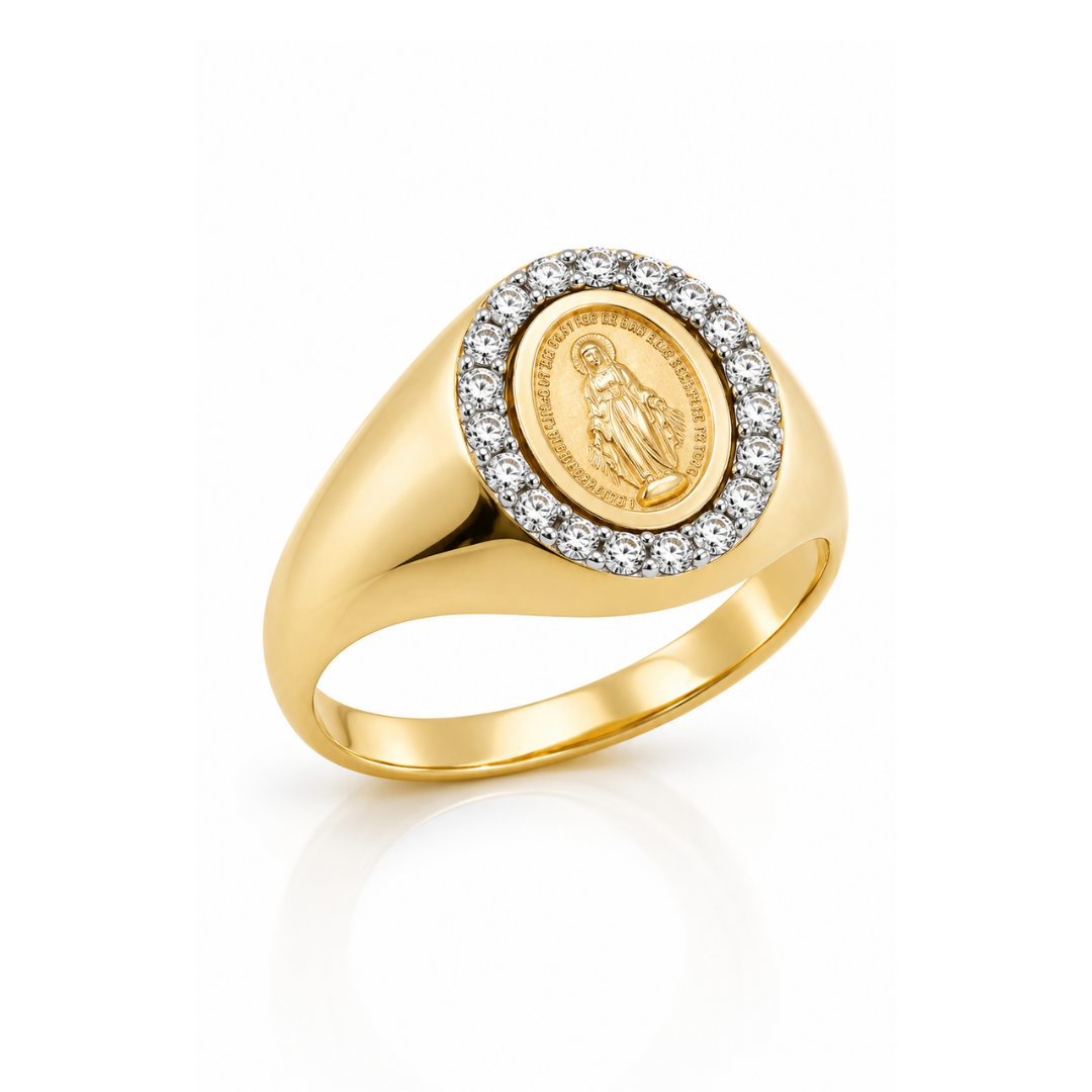 Anillo Virgen Milagrosa, Brillantes y Oro Amarillo 14Kt.