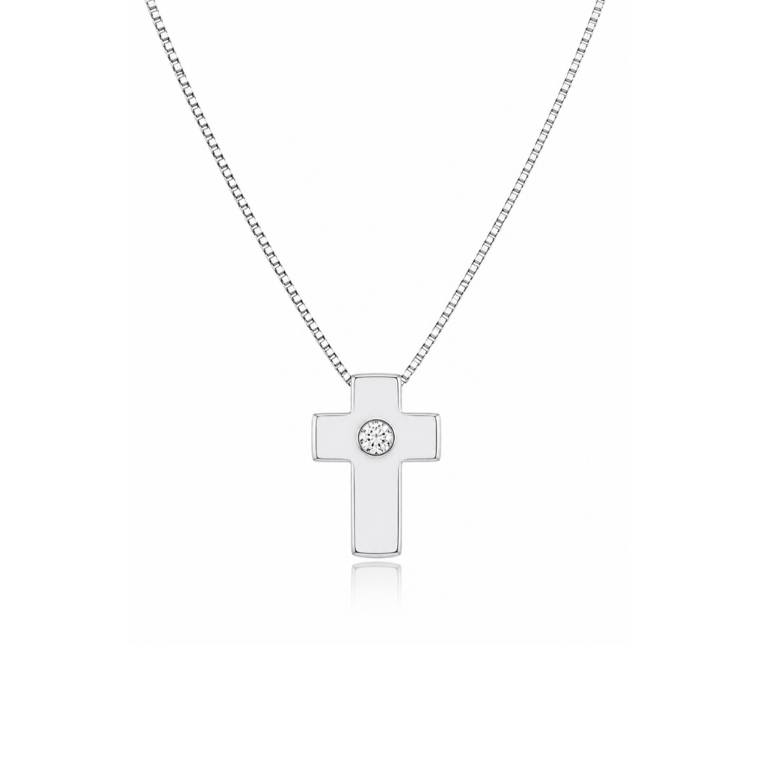 Collar Cruz de Oro Blanco y Brillante Central.