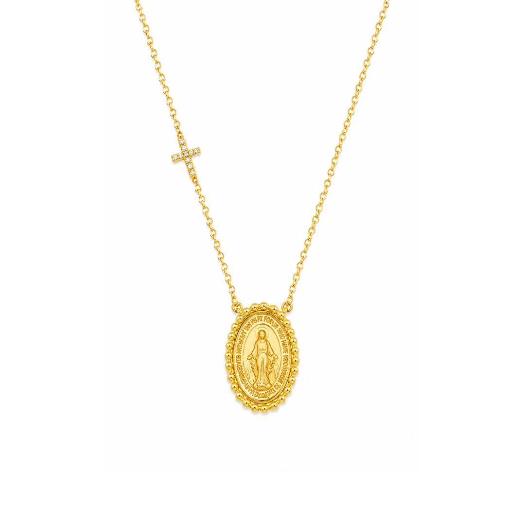 Collar de Oro Amarillo Virgen de los Rayos y Cruz de Brillantes 14Kt.