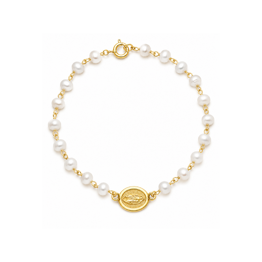 Pulsera Perlas y Virgen de los Rayos Oro Amarillo 14Kt.