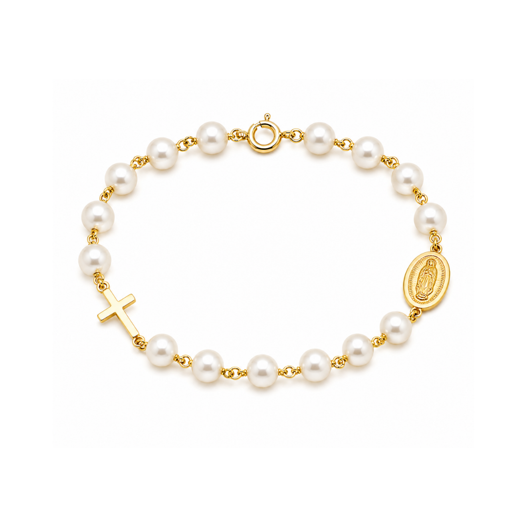 Pulsera Perlas Virgen de los Rayos y Cruz Oro Amarillo 14Kt.