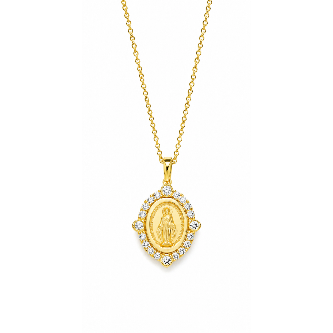 Collar de Oro Amarillo Virgen de los Rayos y 4 Brillantes Borde 14Kt.