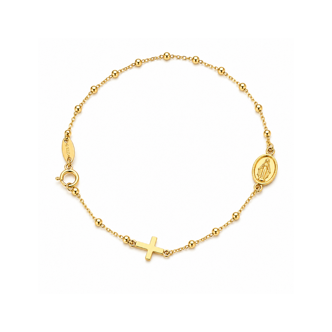 Pulsera Virgen de los Rayos y Cruz Oro Amarillo 14Kt.