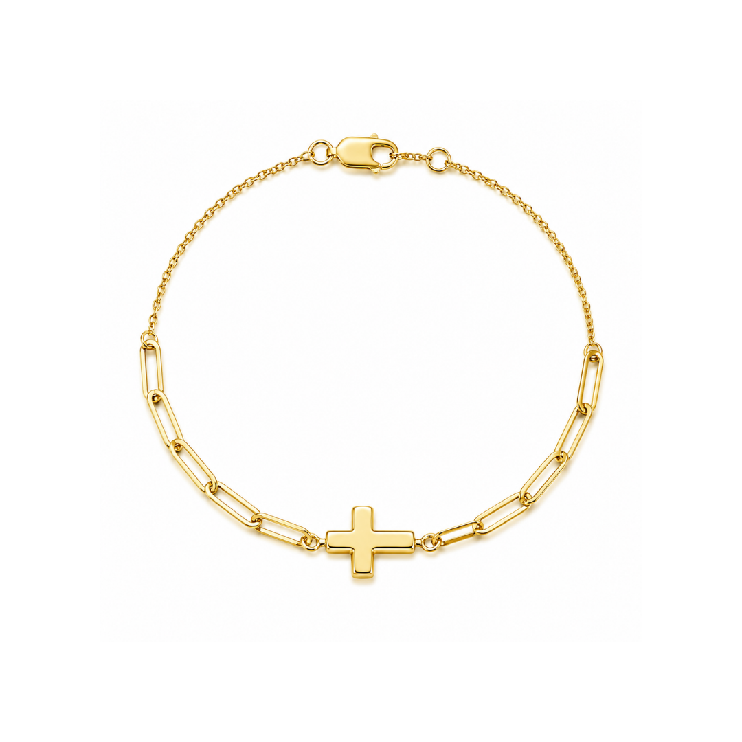 Pulsera Paper Clip Cruz Oro Amarillo 14Kt.