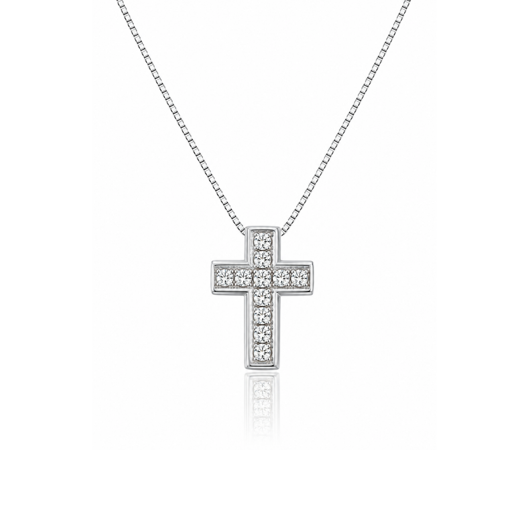 Collar Cruz de Oro Blanco y Brillantes Rectangular.