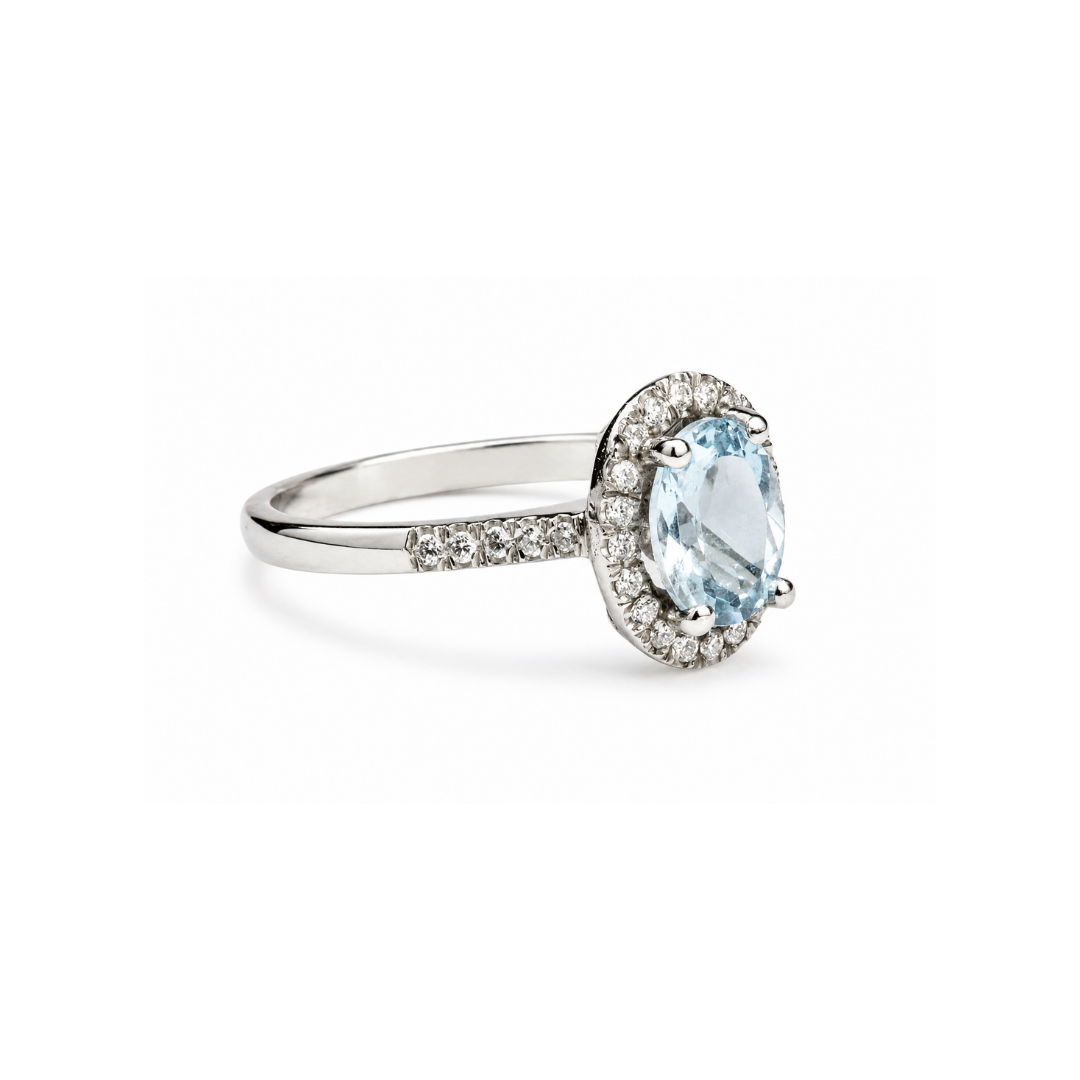 Anillo Platino Brillantes Aguamarina Oval.