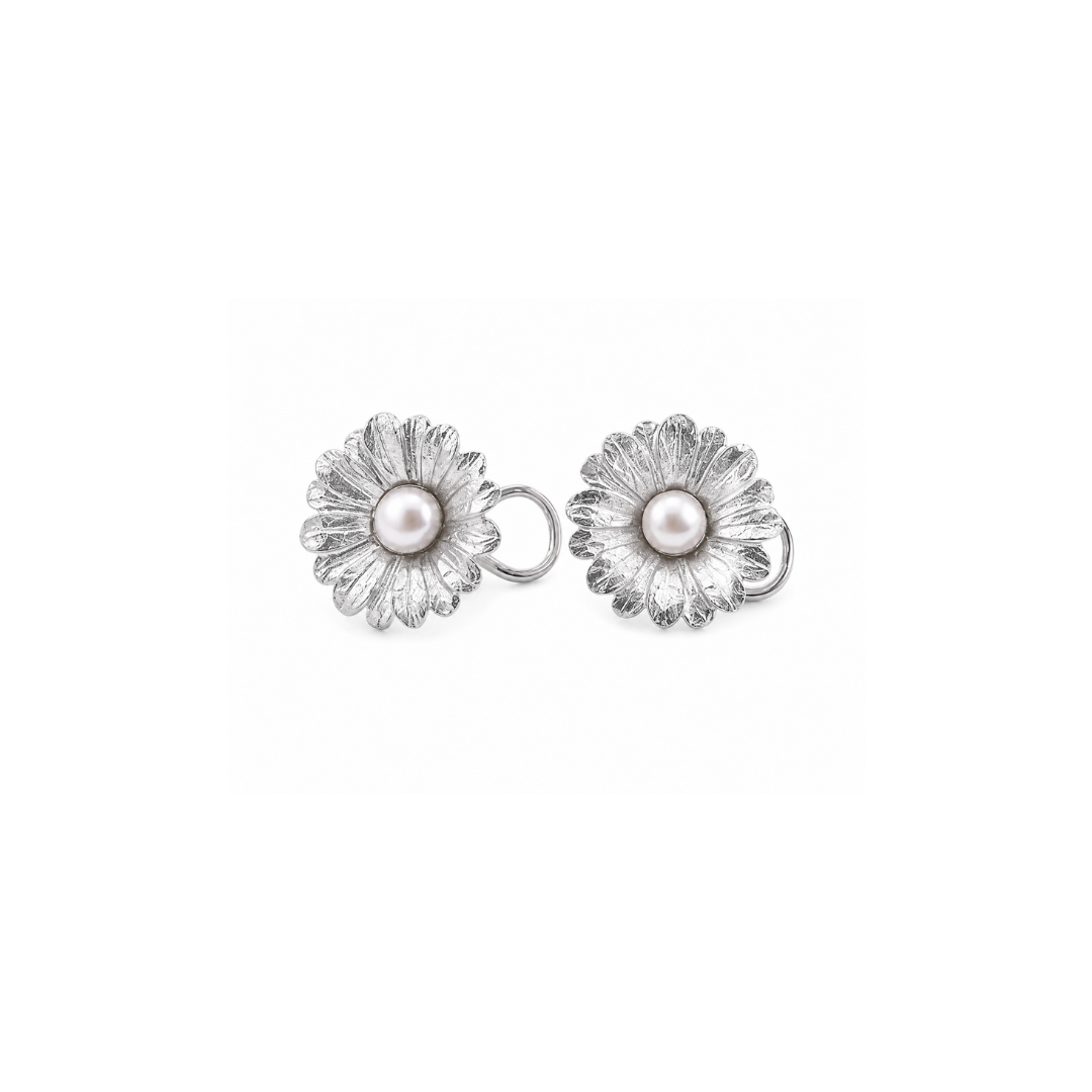 Aros Flor de Plata Rodinada con Perla Central.