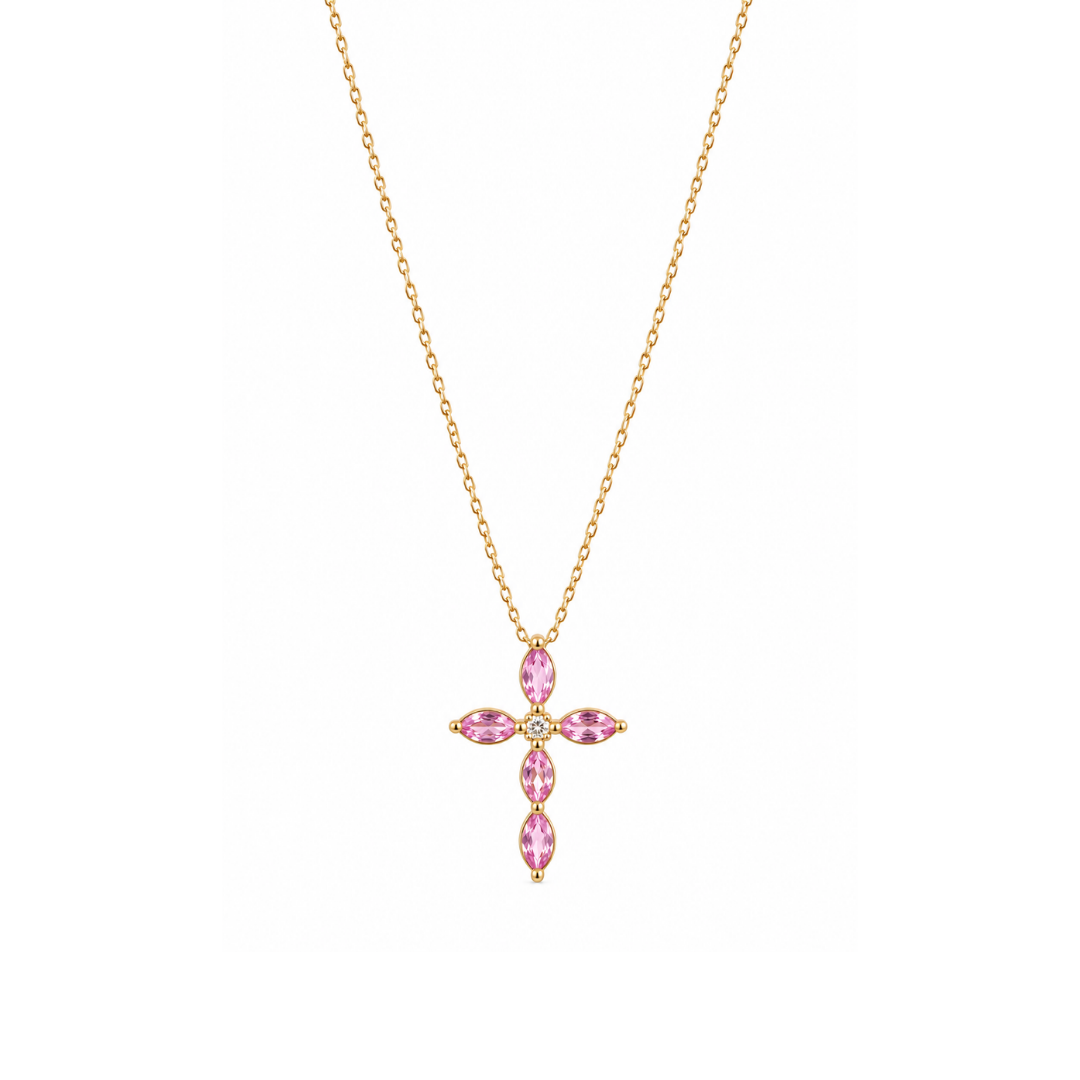 Collar Cruz de Zafiros Rosa en Oro Amarillo 18Kt.