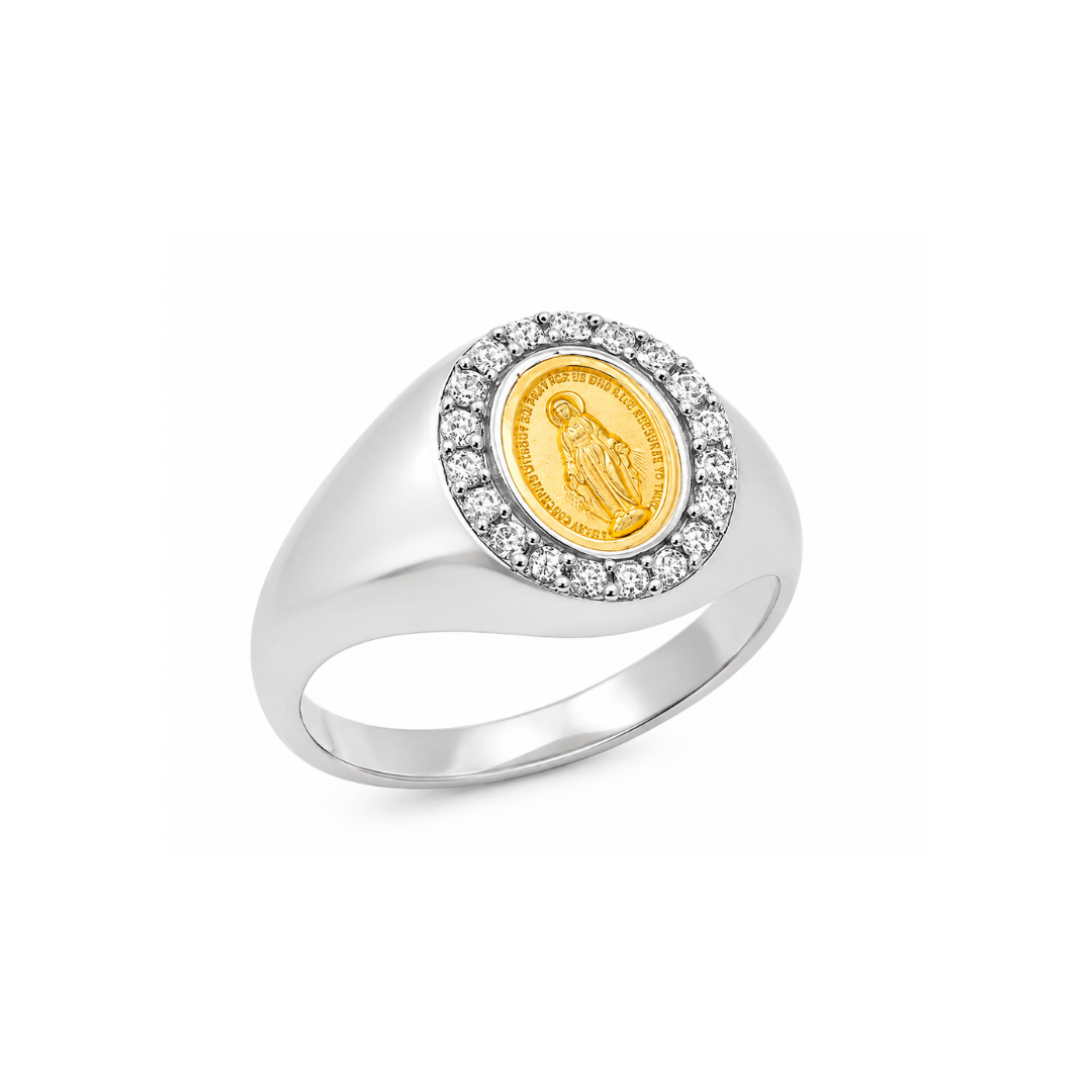 Anillo Virgen Milagrosa, Brillantes y Oro Blanco.