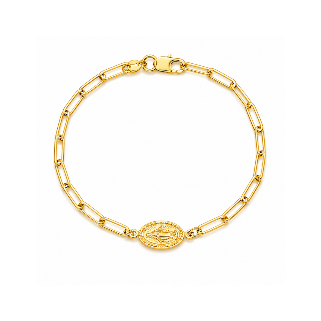 Pulsera Paper Clip Virgen de los Rayos Oro Amarillo 14Kt.
