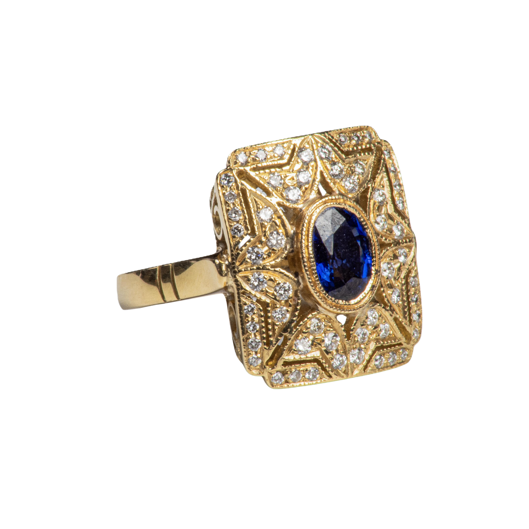 Anillo Oro Amarillo 18Kt. Art Decó Brillantes y Zafiro Central.