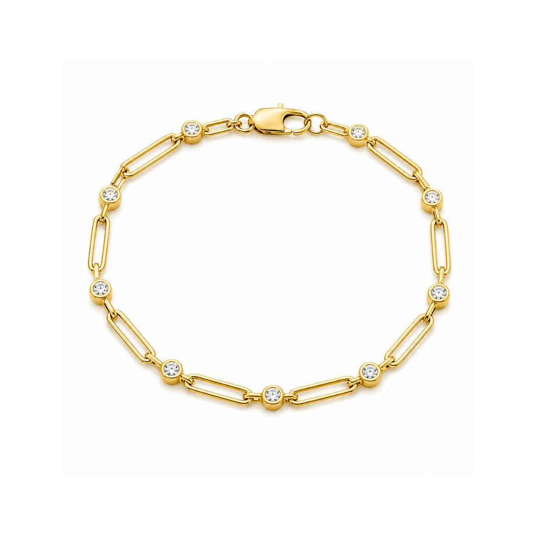 Pulsera Paper Clip Brillantes en Oro Amarillo 14Kt.