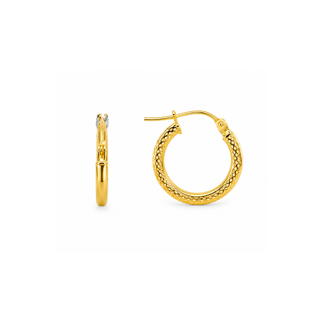 Aros Argollas de Oro Amarillo 18KT Tubo Martillado Cuadrado 2 MM.