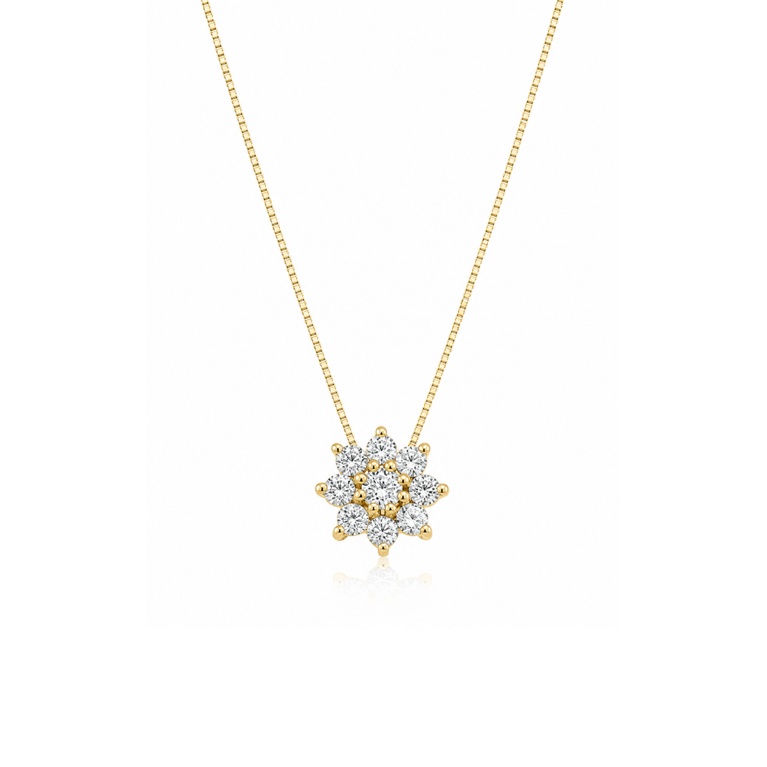 Collar Flor de 9 Brillantes en Oro Amarillo 18Kt.