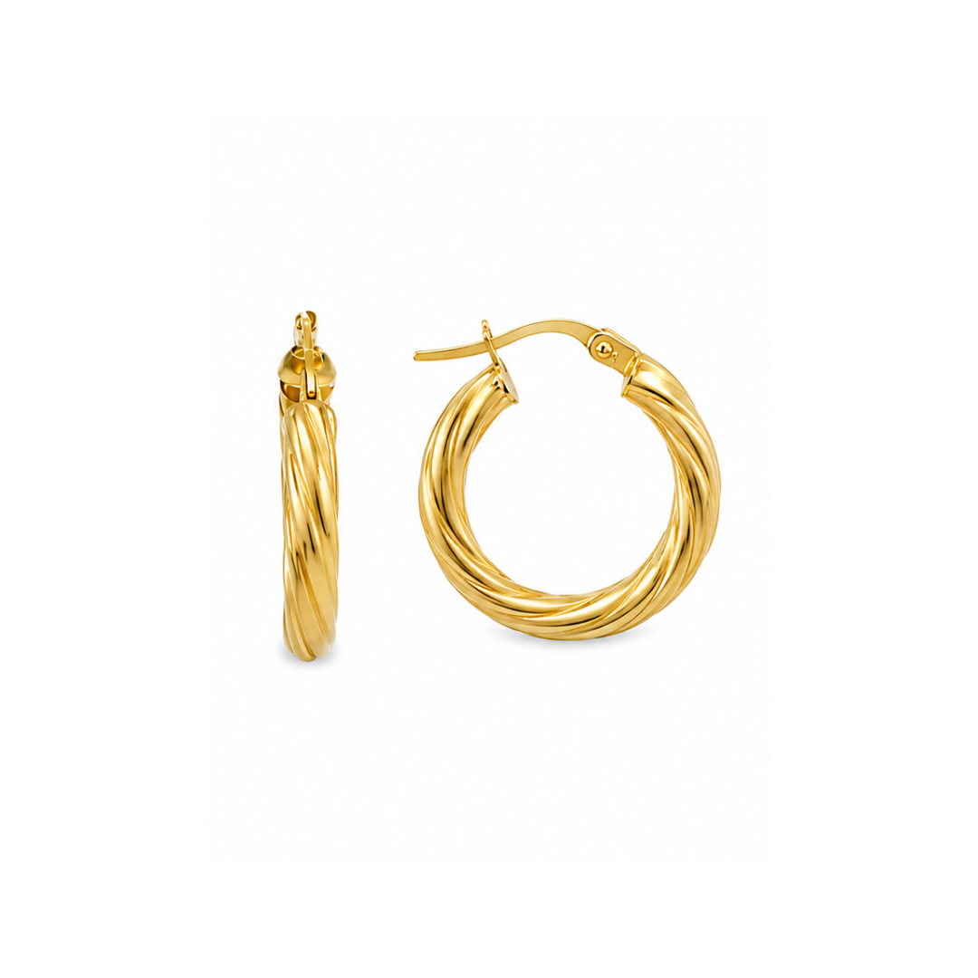 Aros Argollas de Oro Amarillo 18KT Tubo Torcido 4 MM.