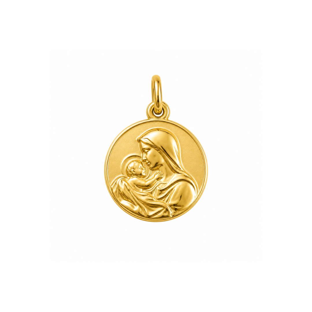 Medalla Virgen con Niño de Oro Amarillo 18Kt.
