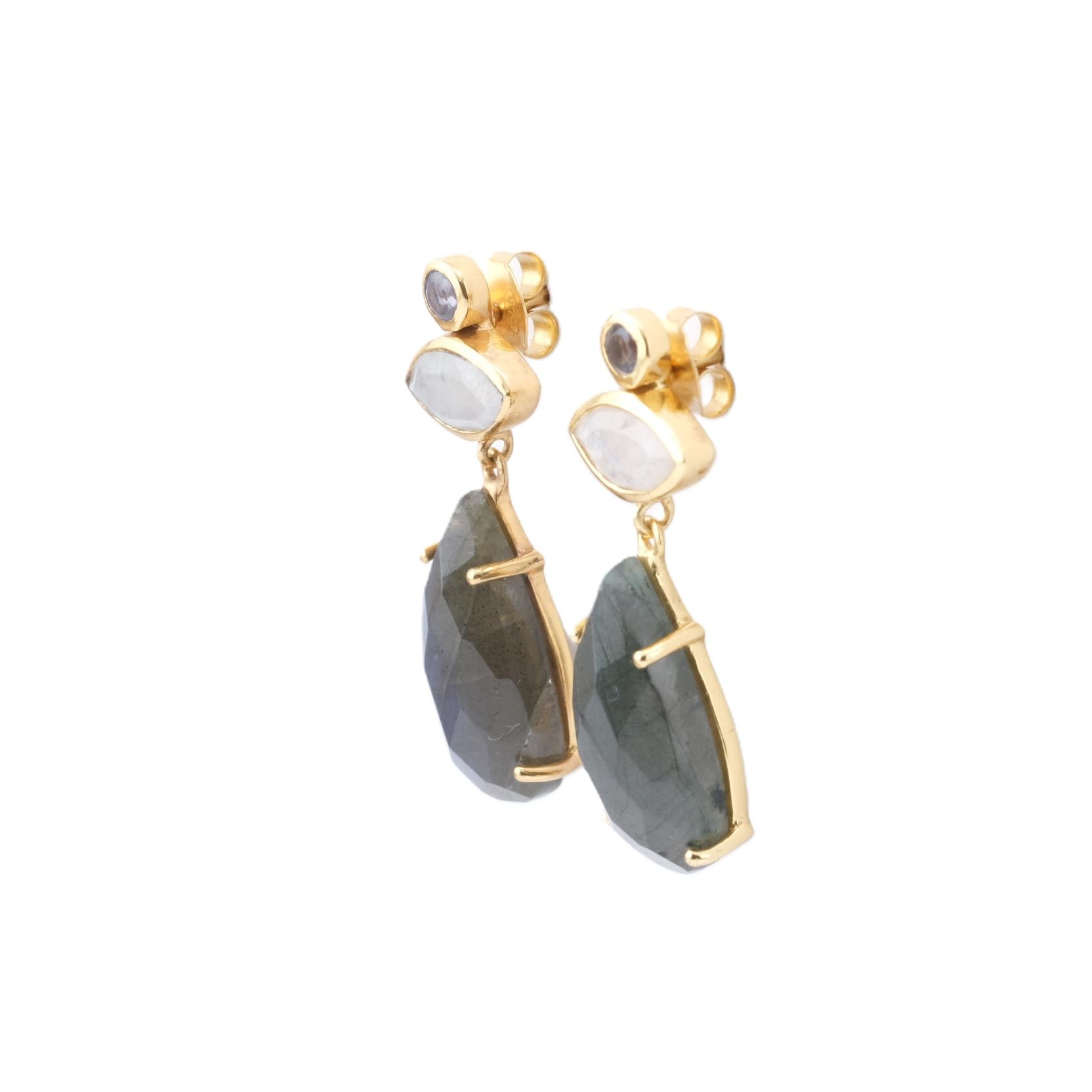 Aros Largos de Plata Bañada y Labradonita.