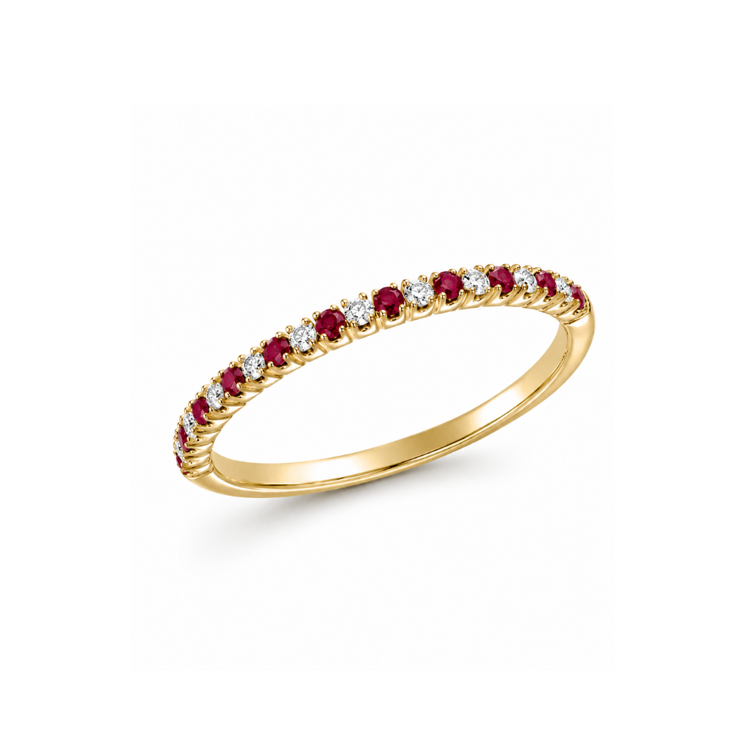 Anillo Medio Cintillo con Brillantes y Rubíes Oro Amarillo 14Kt.