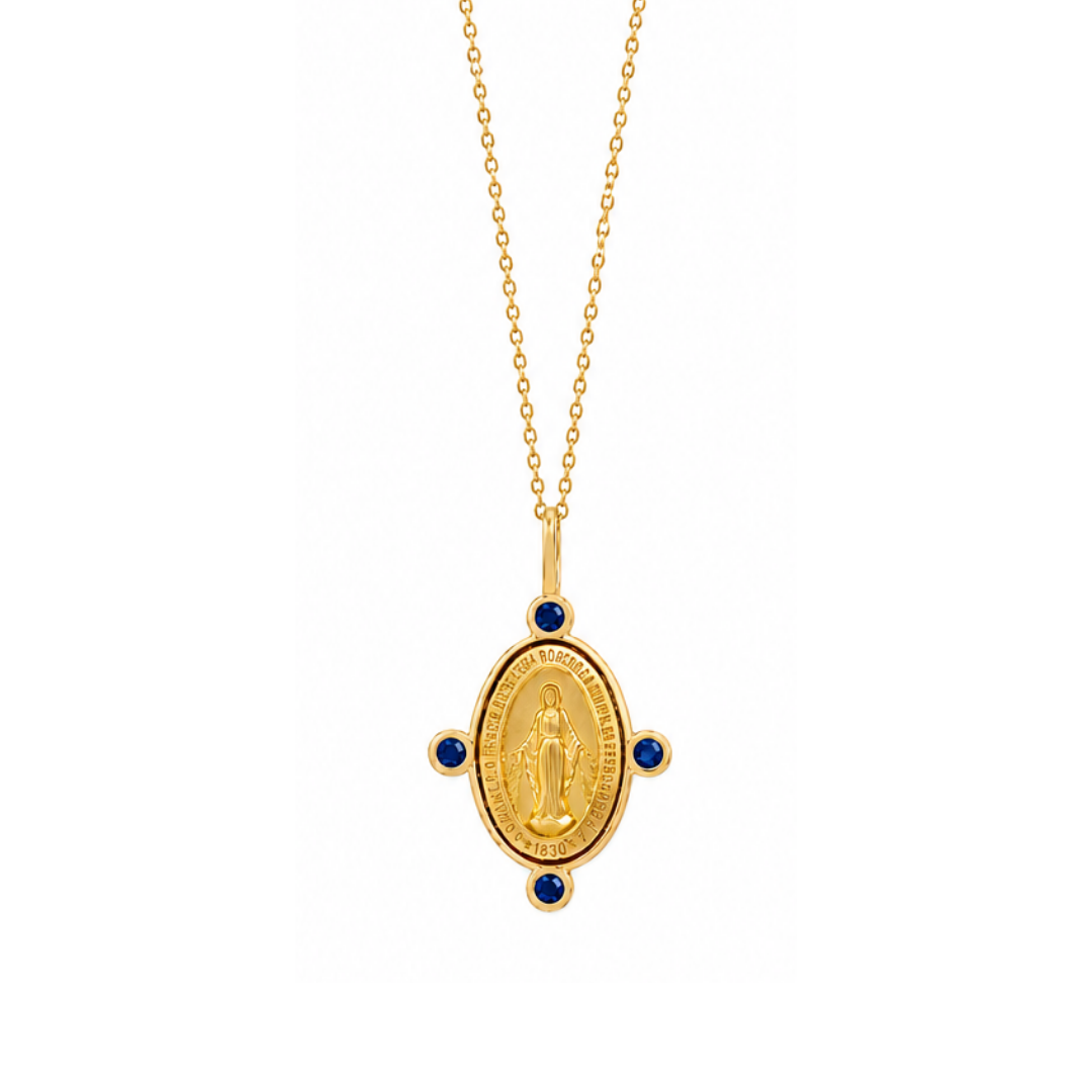 Collar Virgen y zafiros en Oro Amarillo 14Kt.