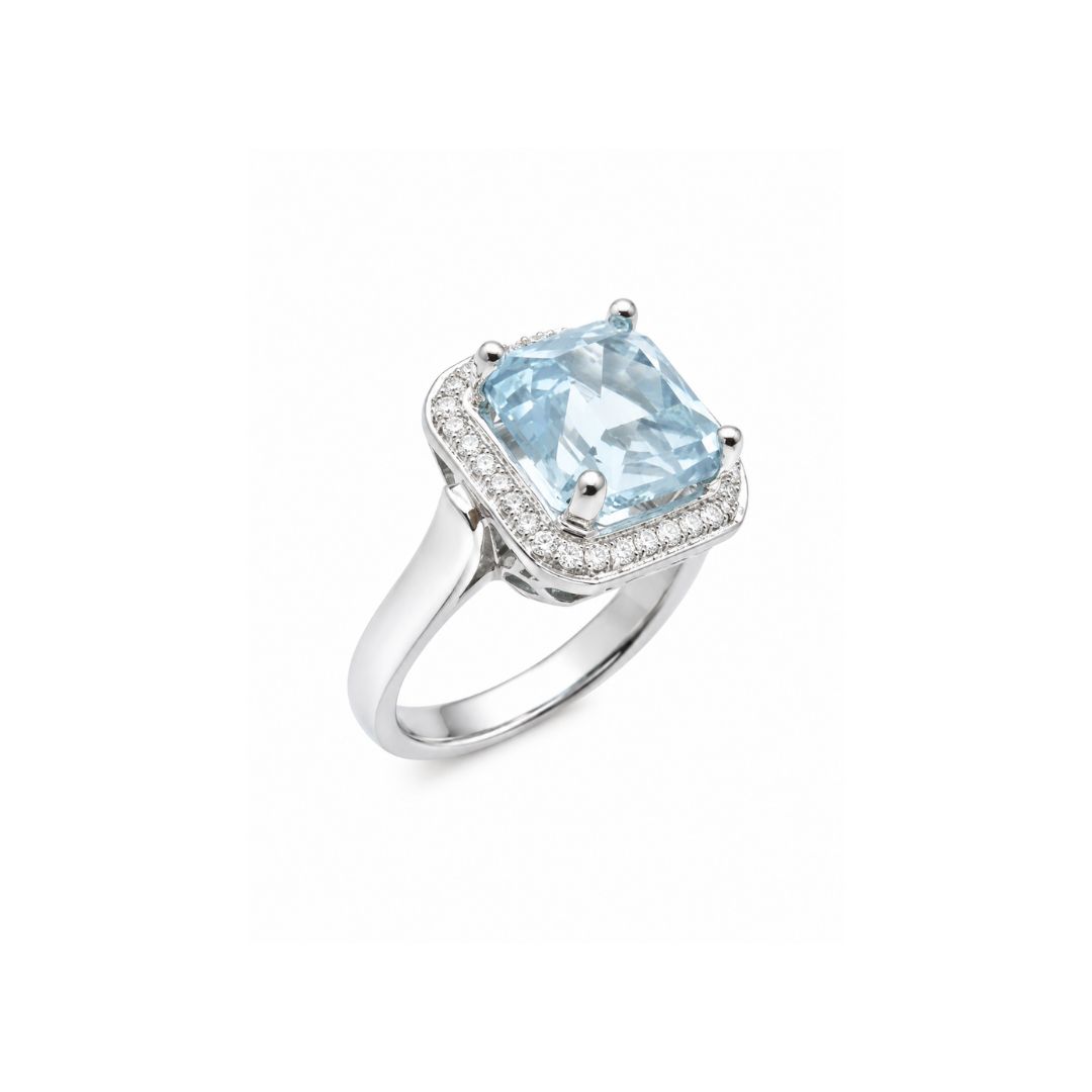 Anillo Platino Brillantes Aguamarina Cuadrada.