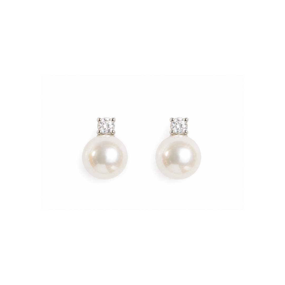 Aros de Oro Blanco, Perlas Cultivadas y Brillantes.