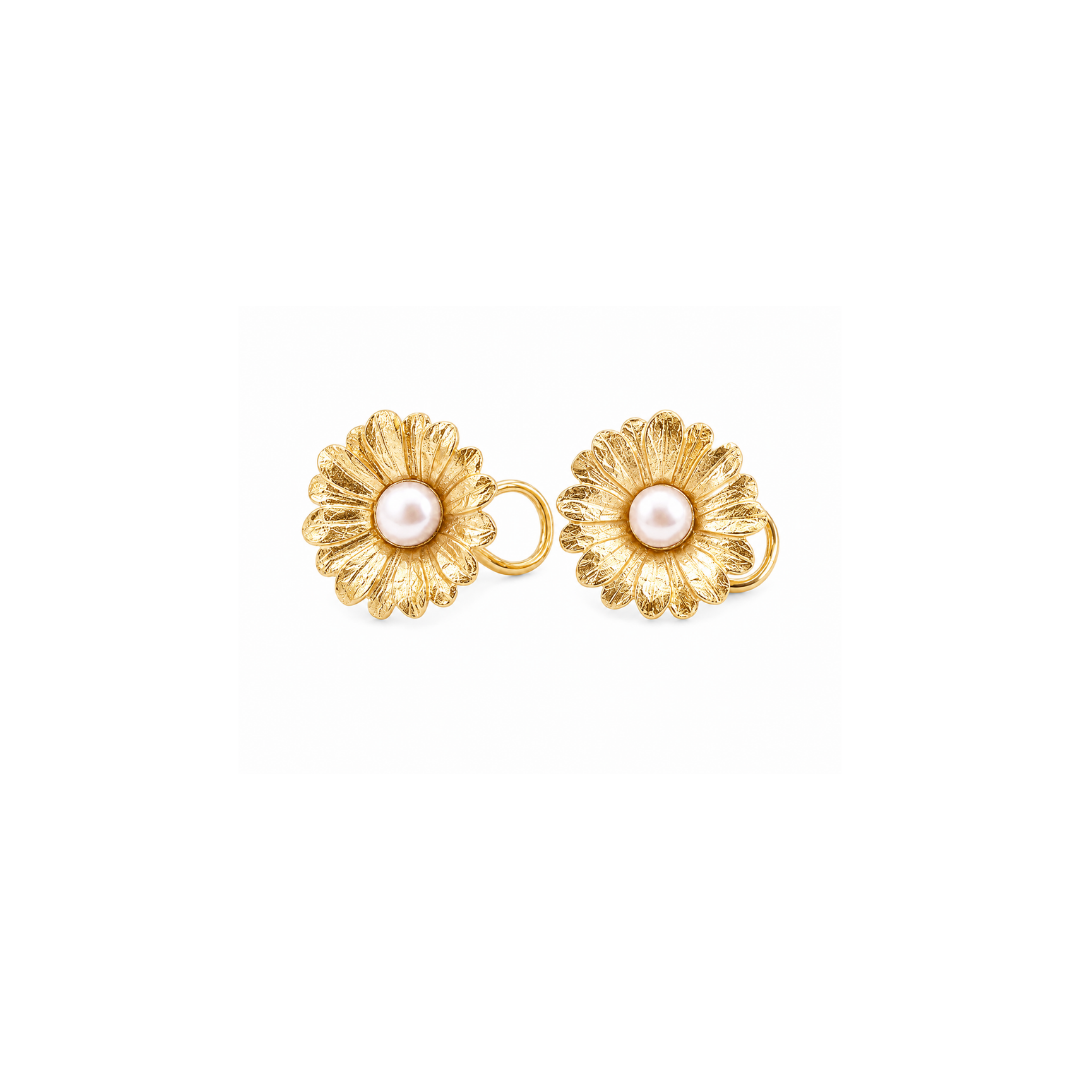 Aros Flor de Plata Bañada en Oro con Perla Central.
