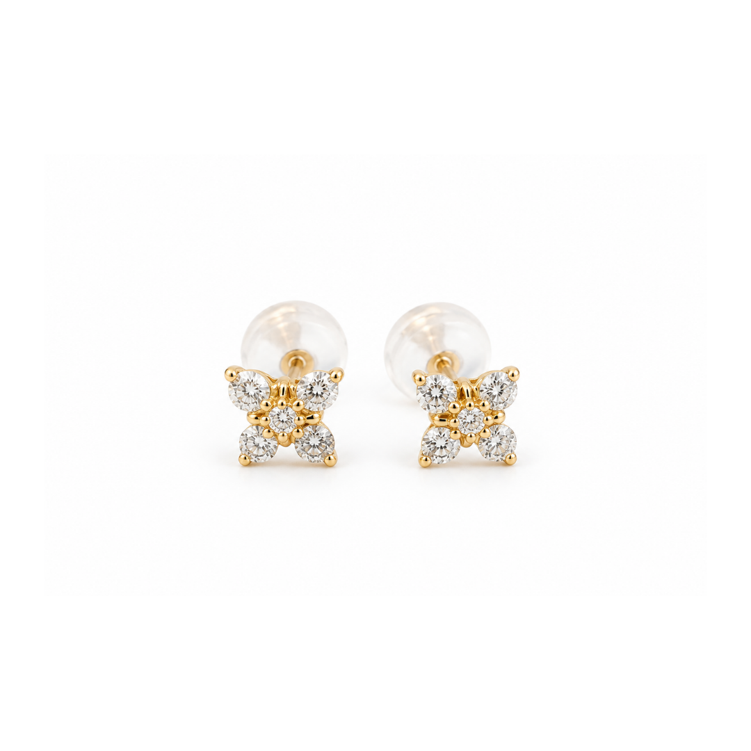 Aros Flor de 5 Brillantes en Oro Amarillo.