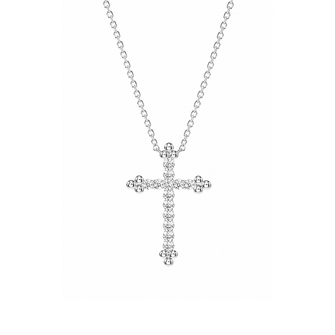 Collar Cruz de Brillantes en Oro Blanco 14 KT.