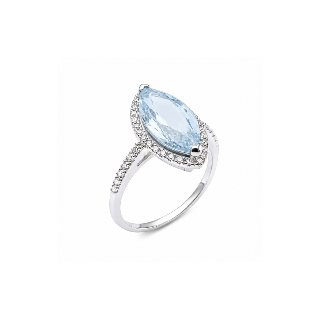 Anillo Platino Brillantes Aguamarina corte Marquesa.