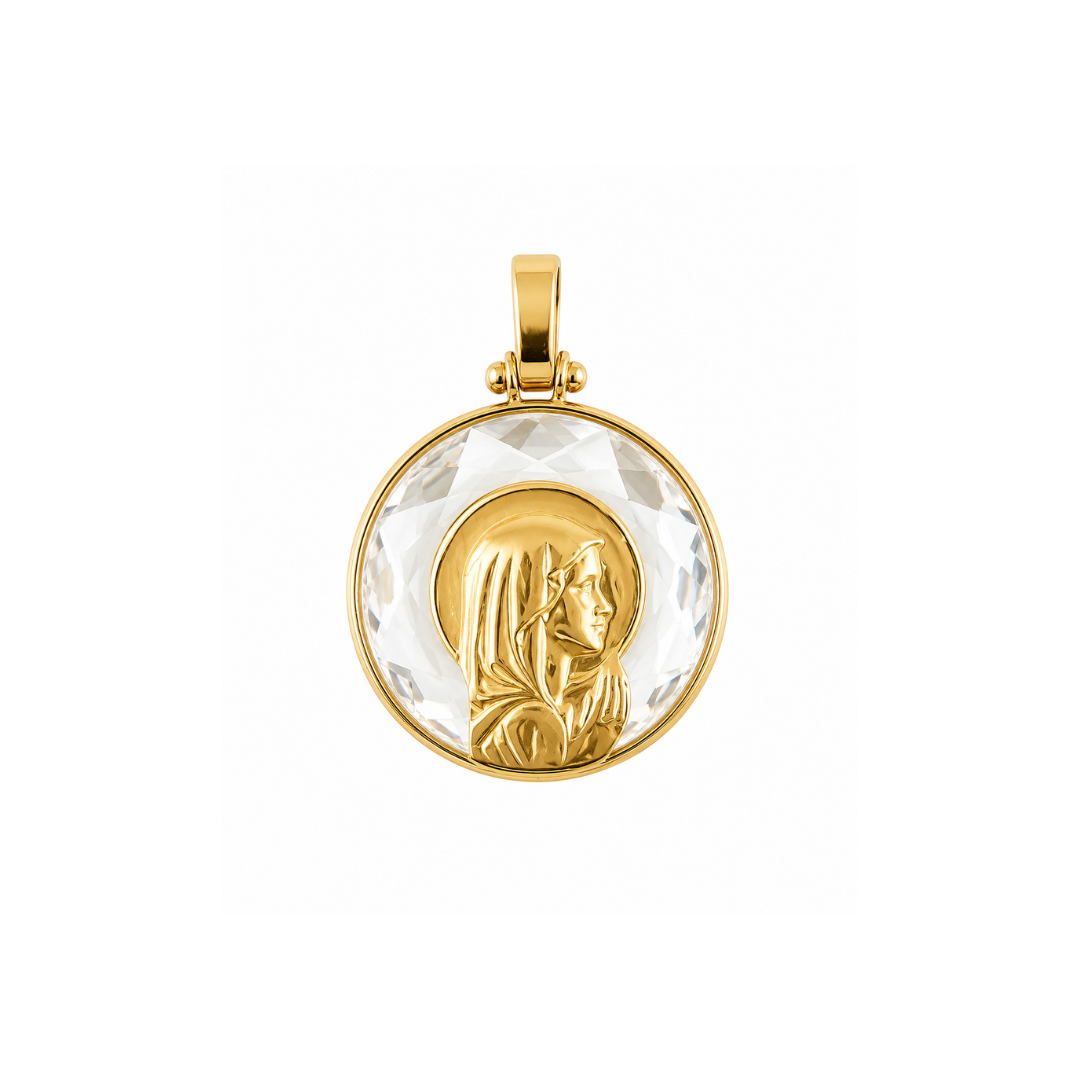Medalla Virgen Niña de Oro Amarillo y Cristal 18Kt.