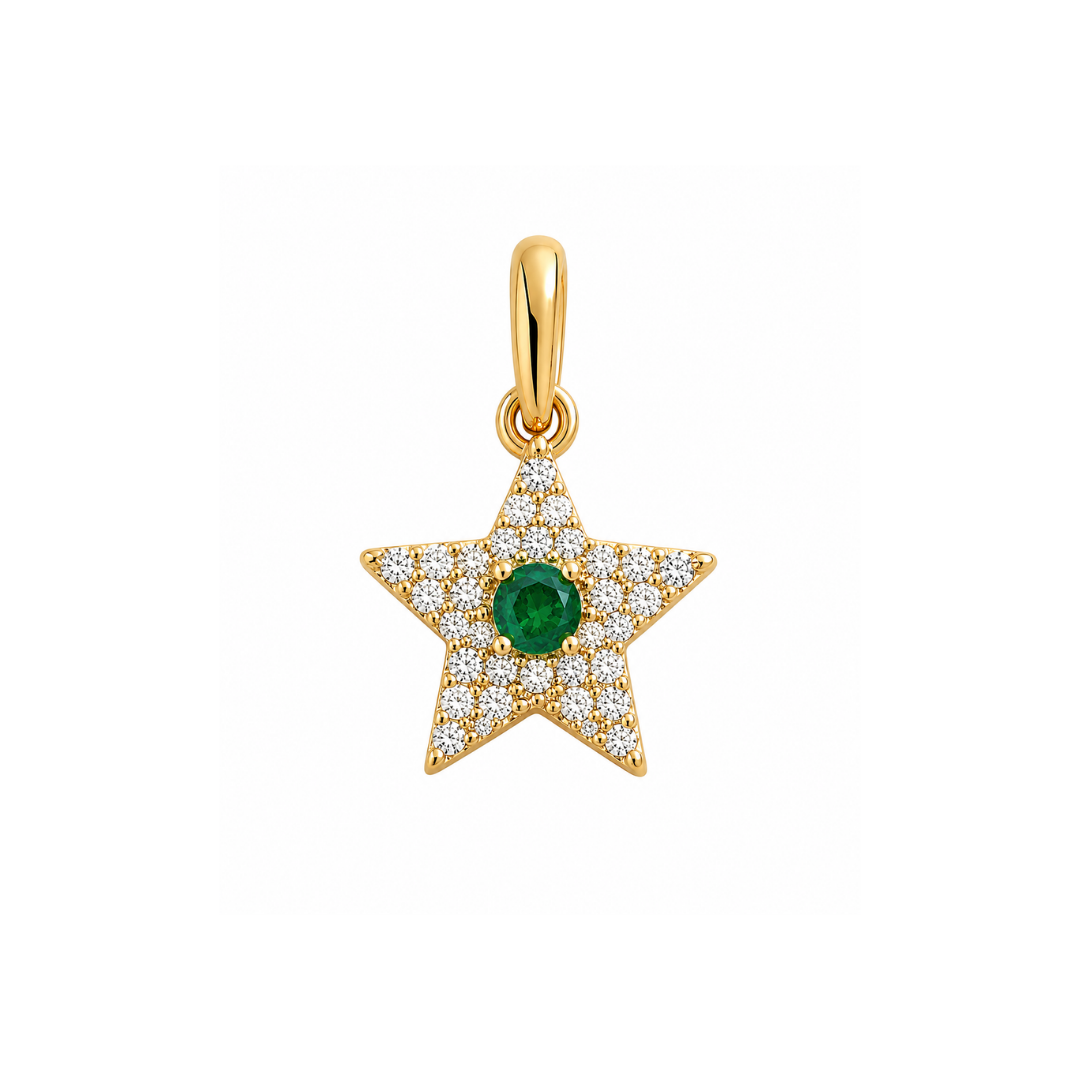 Colgante Estrella con Brillantes y Esmeralda Oro Amarillo 14Kt.