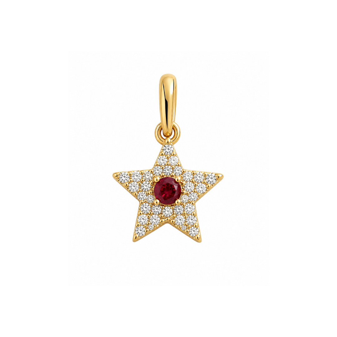 Colgante Estrella con Brillantes y Rubí Oro Amarillo 14Kt.