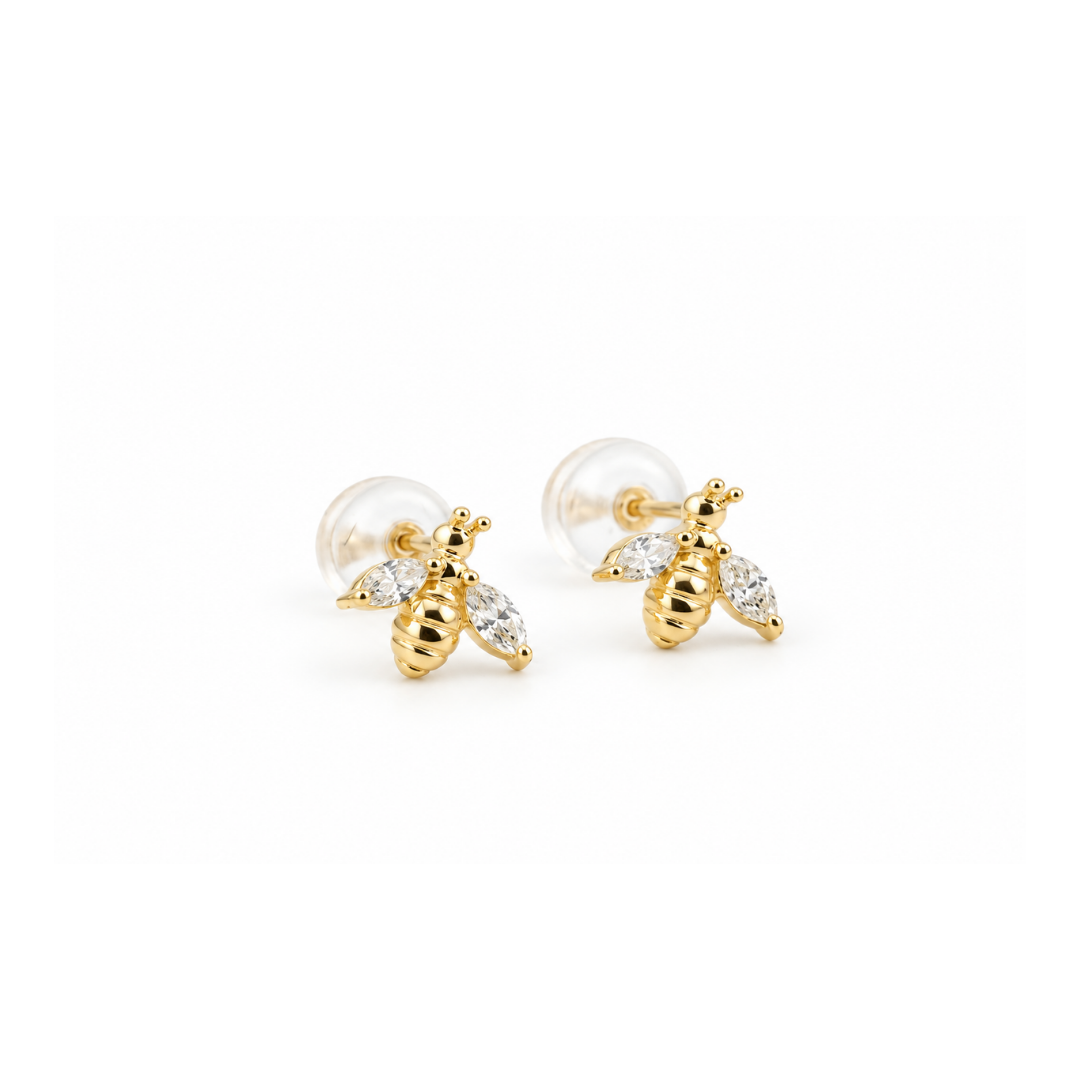 Aros de Abeja y Brillantes en Oro Amarillo.