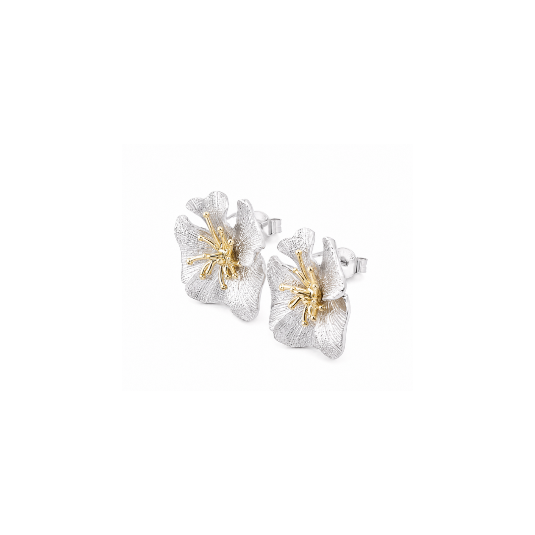 Aros Flor de Plata Rodinada con Pistilo Central Bañado.