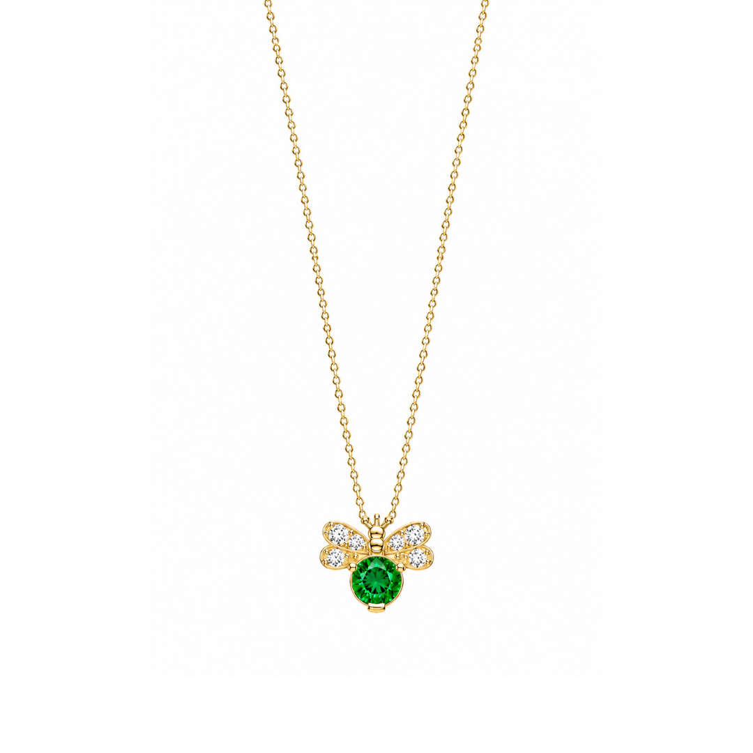Collar Abeja de Brillantes y esmeralda en Oro Amarillo 14Kt.