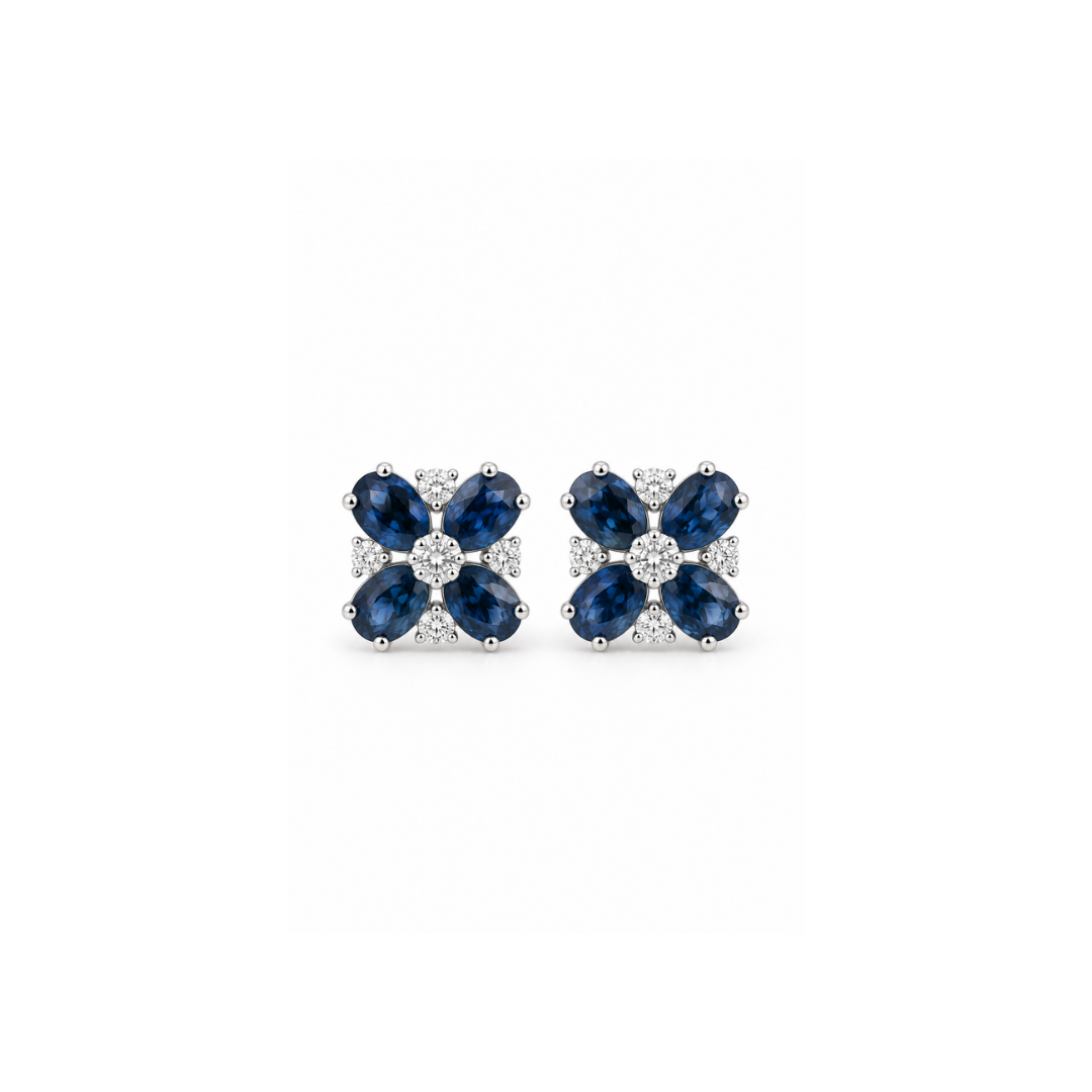 Aros Zafiros en Flor y Brillantes en Oro Blanco 18 KT.