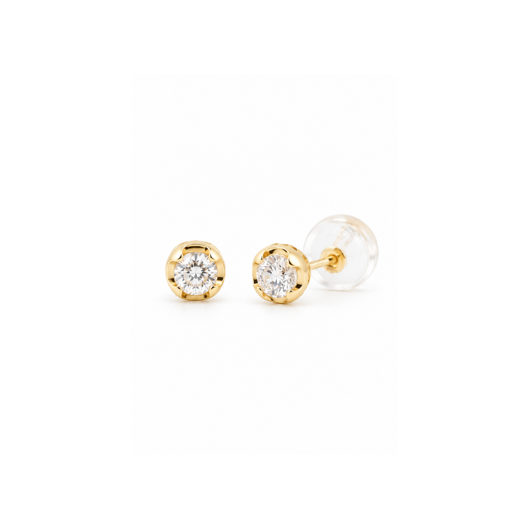 Aros Punto de Luz y Brillante Bisel Ondulado en Oro Amarillo 18Kt.