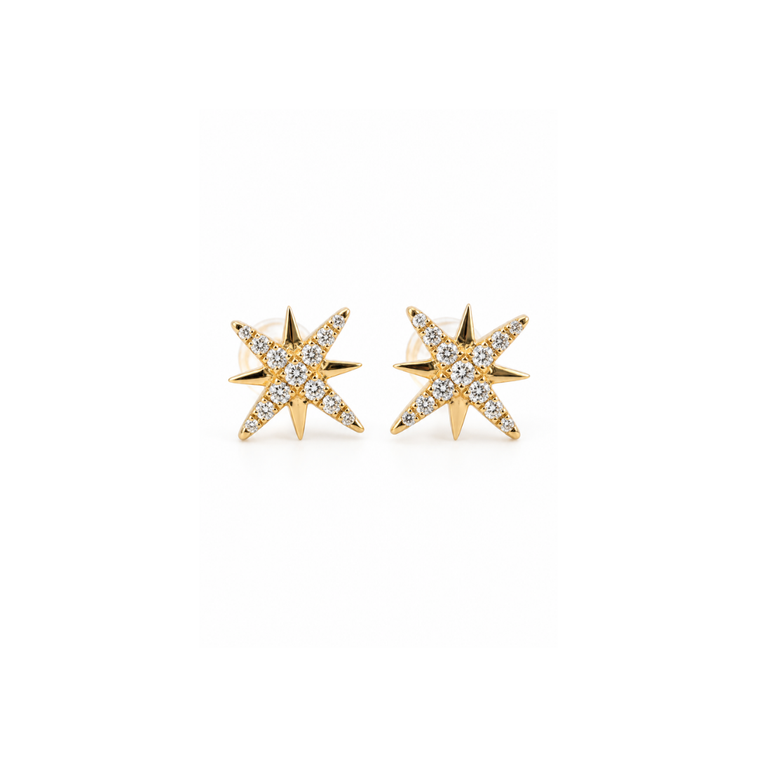 Aros Estrellas de Brillantes en Oro Amarillo 18KT.