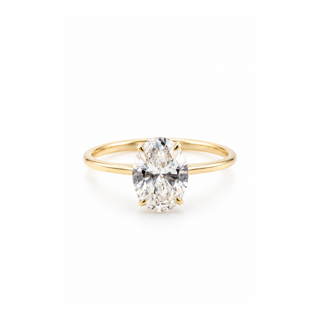 Anillo Brillante Oval Lab. Engaste 4 Grifas en Oro Amarillo 14KT.