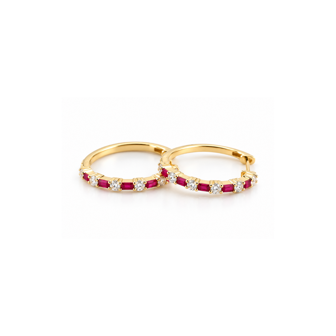 Aros Argollas de Rubíes Baguette y Brillantes en Oro Amarillo 14KT.