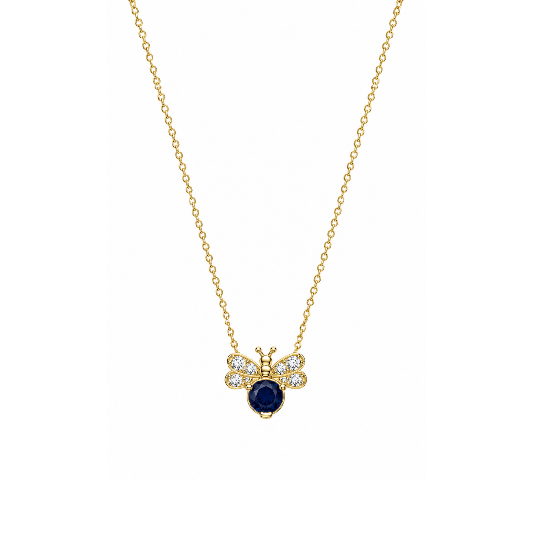 Collar Abeja de Brillantes y Zafiro en Oro Amarillo 14Kt.