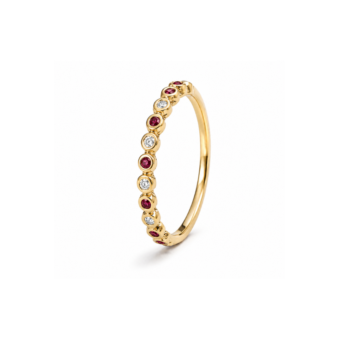 Anillo Medio Cintillo de Rubíes y Brillantes Redondos en Oro Amarillo 14Kt.