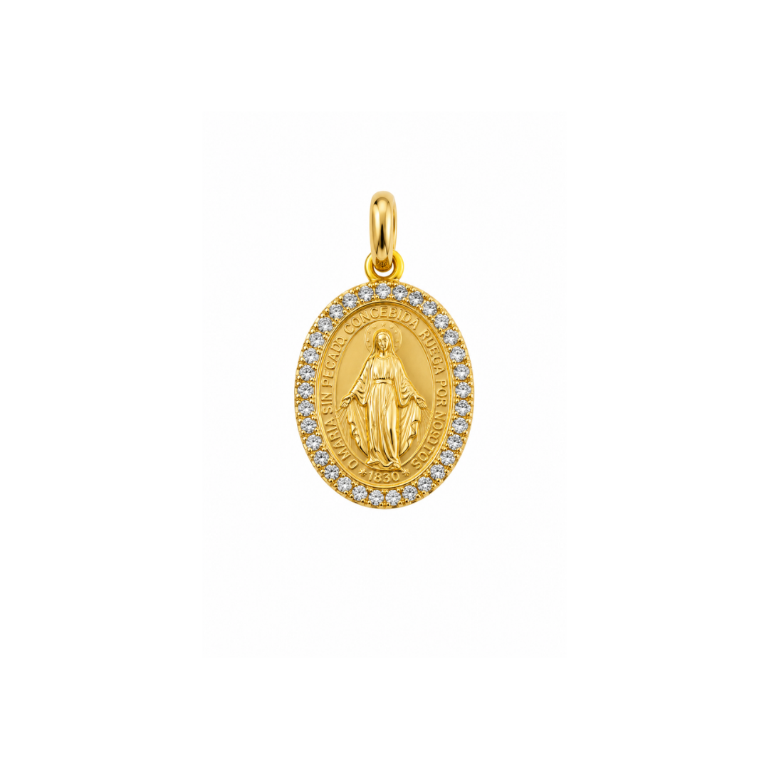 Medalla Virgen de los Rayos Oro Amarillo y Circones 18Kt.