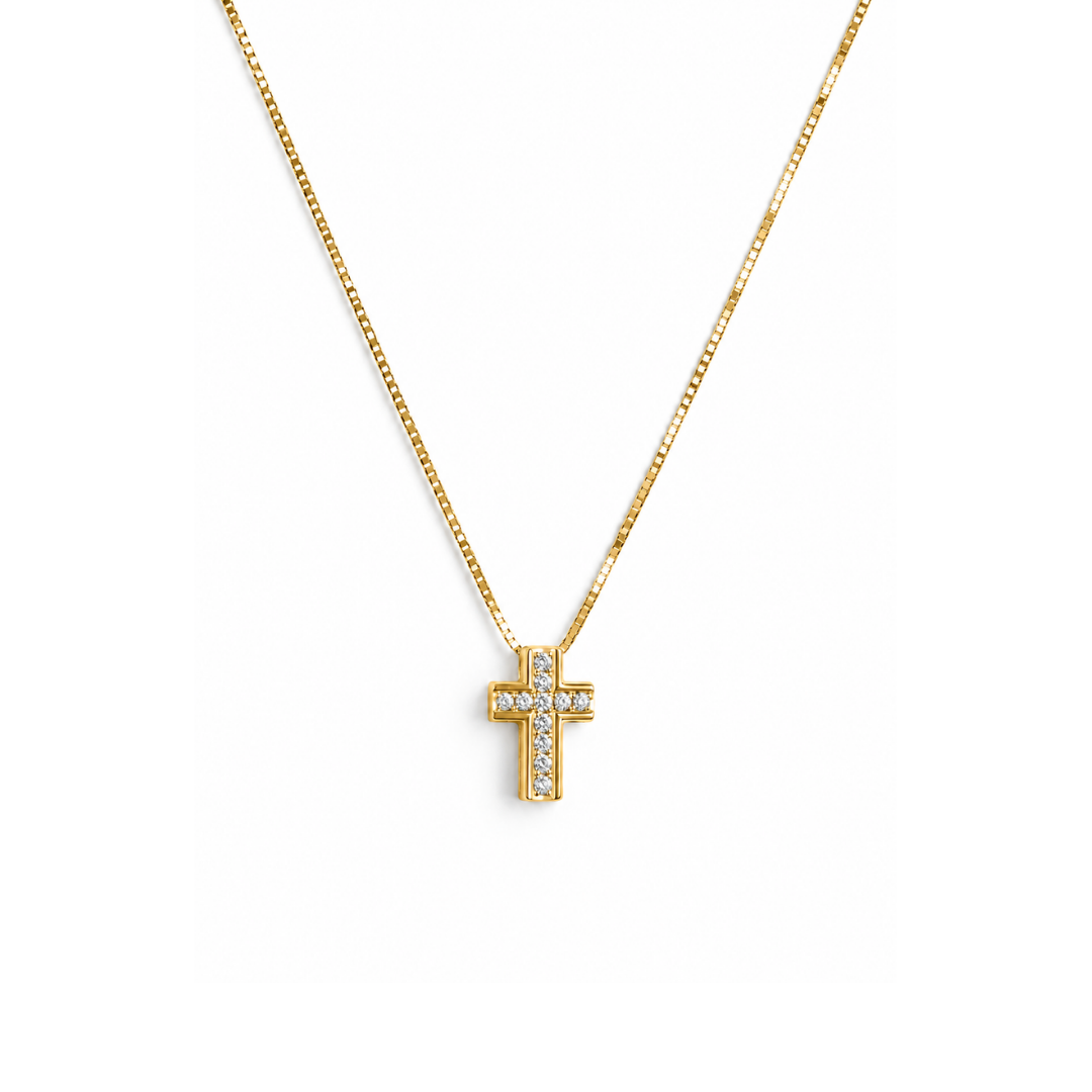 Collar Cruz de Oro Amarillo y Brillantes Rectangular.