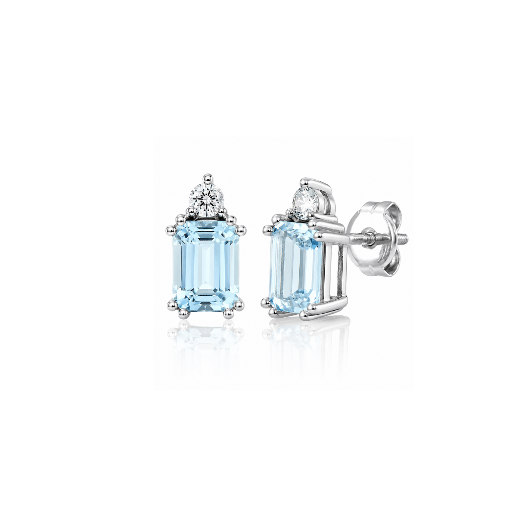 Aros de Oro Blanco y Aguamarina Rectangulares.