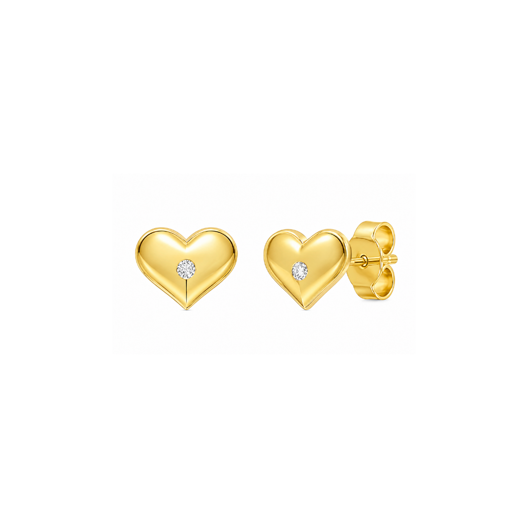 Aros de Oro Amarillo Corazón y Brillante Central 14Kt.