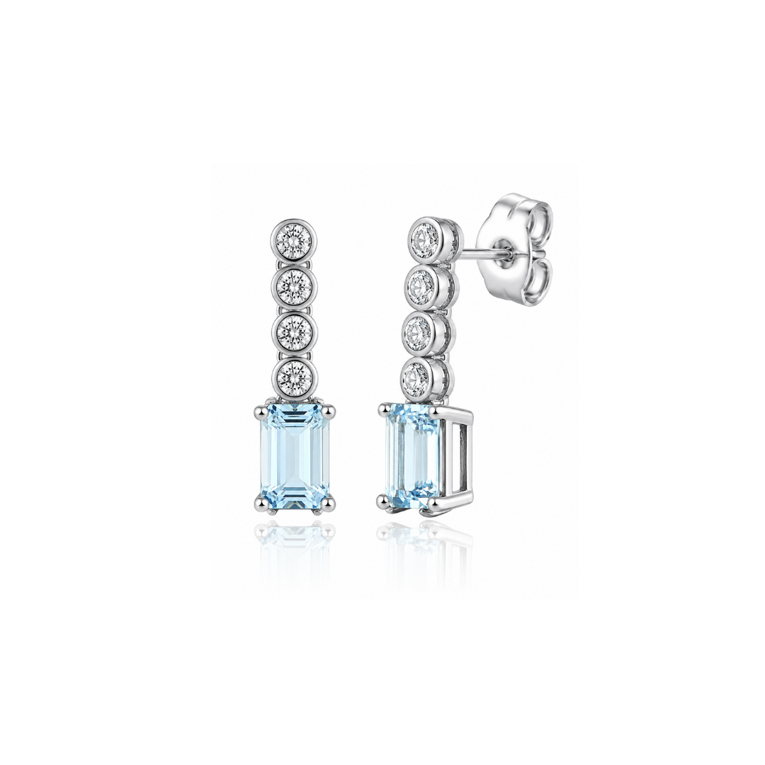 Aros de Oro Blanco, 4 Brillantes y Aguamarina