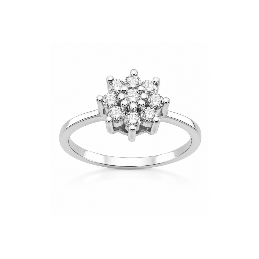 Anillo Flor de 9 Brillantes en Oro Blanco.